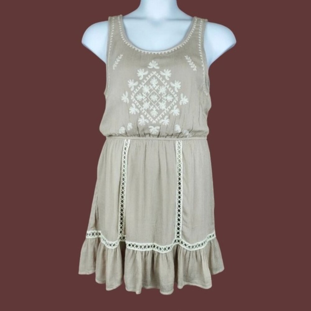 Entro Womens Sleeveless Taupe Tan Ivory Embroidered Gauzy Dress Size M NWT